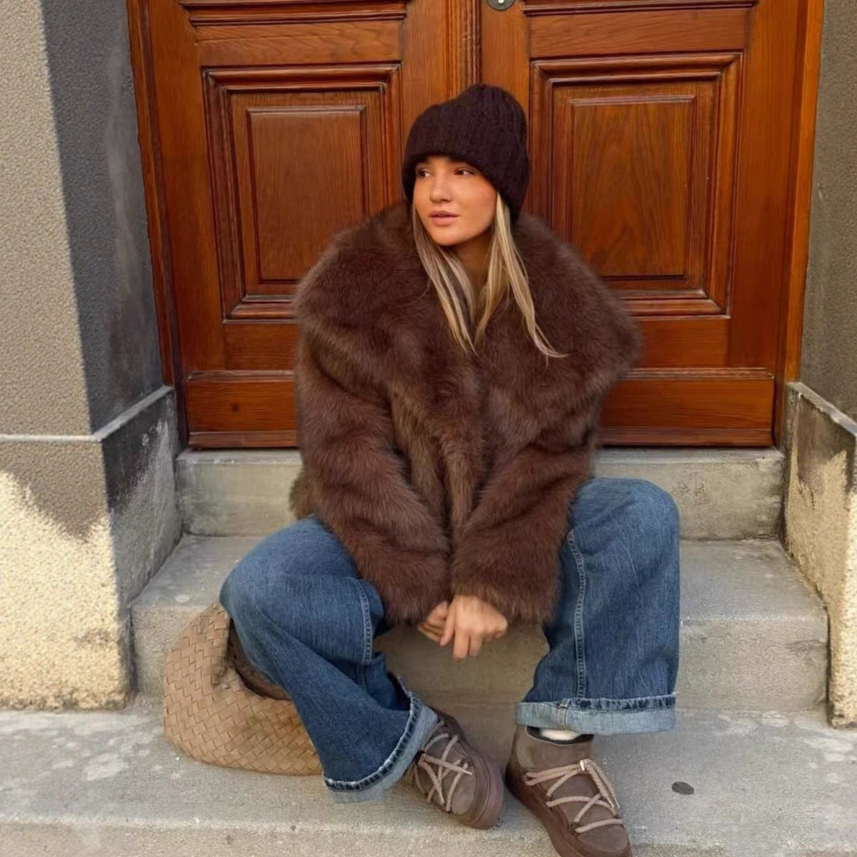 Adaline | Women's Cropped Faux Fur Jacket - Shawl Collar