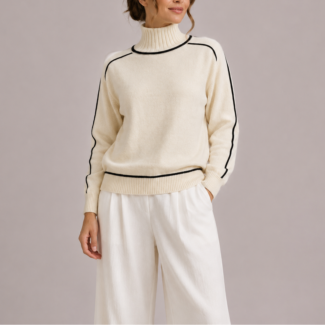 Colette | Knit Turtleneck Sweater with Contrast Trim and Ribbed Cuffs