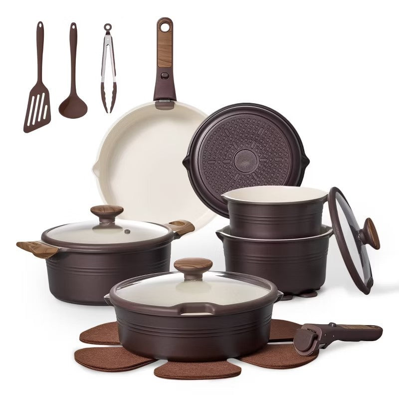 24-Pc Ceramic Nonstick Cookware Set with Detachable Handle