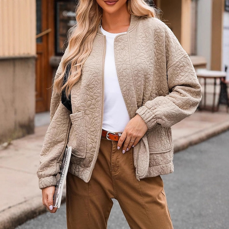 Hadley | Women's Quilted Bomber Jacket - Padded Zip Front Relaxed Fit