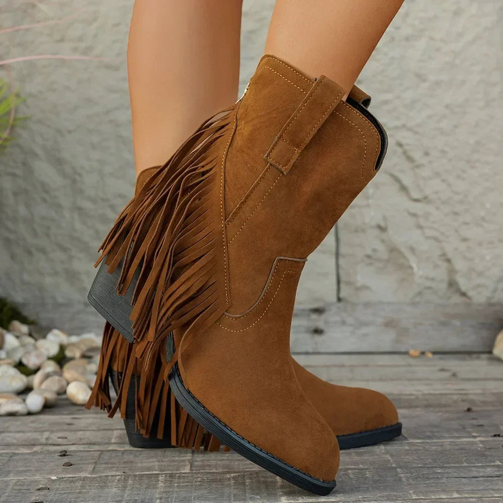 Lila | Women's Suede Western Cowboy Boots - Heeled Fringe Fold-Over Strap
