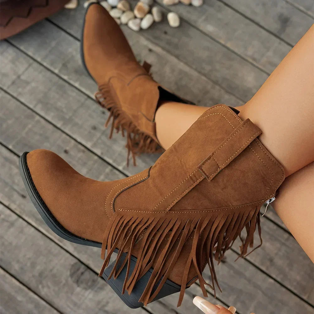 Lila | Women's Suede Western Cowboy Boots - Heeled Fringe Fold-Over Strap