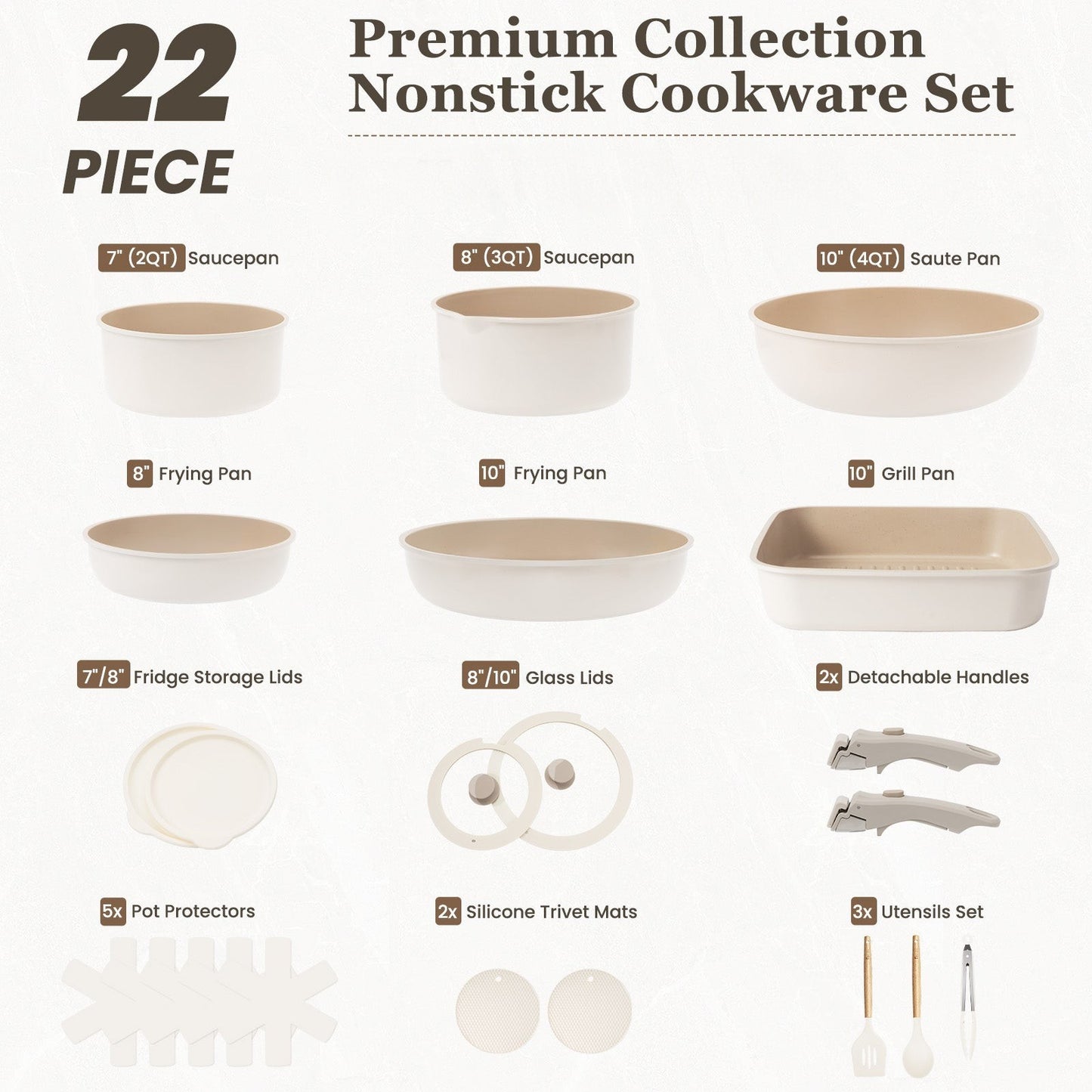 NONSTICK 22 Pcs Pots and Pans Set, Detachable Handle, Non Toxic RV