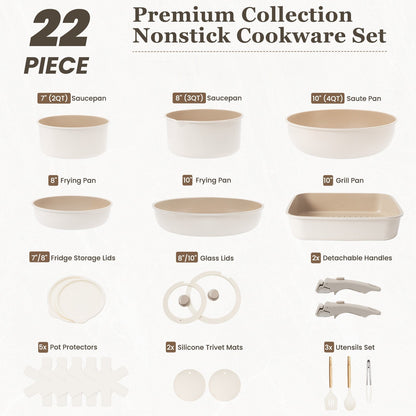 NONSTICK 22 Pcs Pots and Pans Set, Detachable Handle, Non Toxic RV