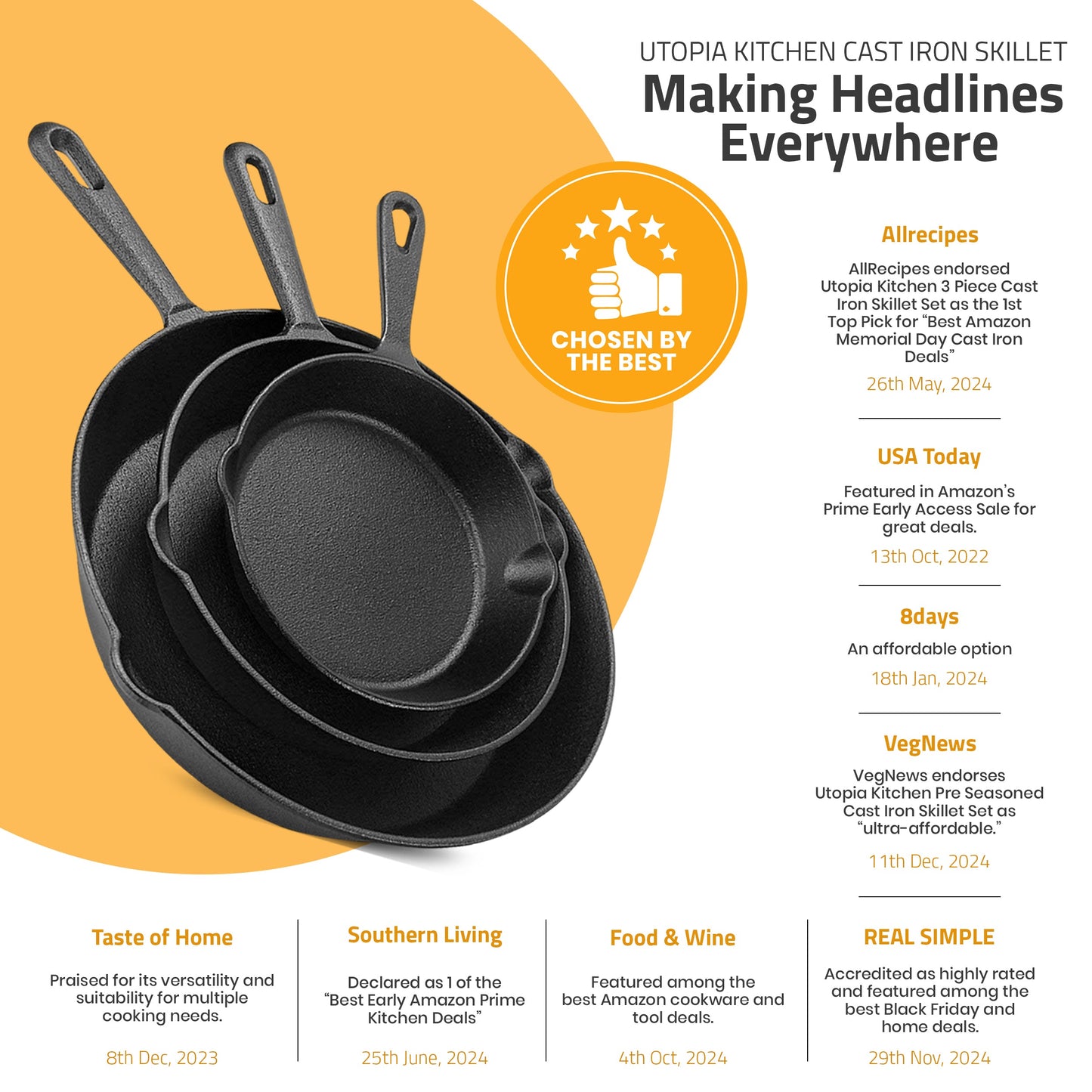 Pre-Seasoned Cast Iron Skillet Set - 3 Pcs