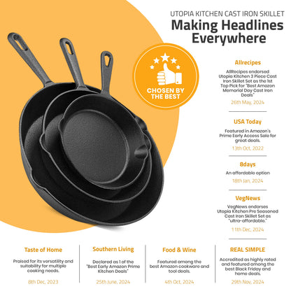 Pre-Seasoned Cast Iron Skillet Set - 3 Pcs