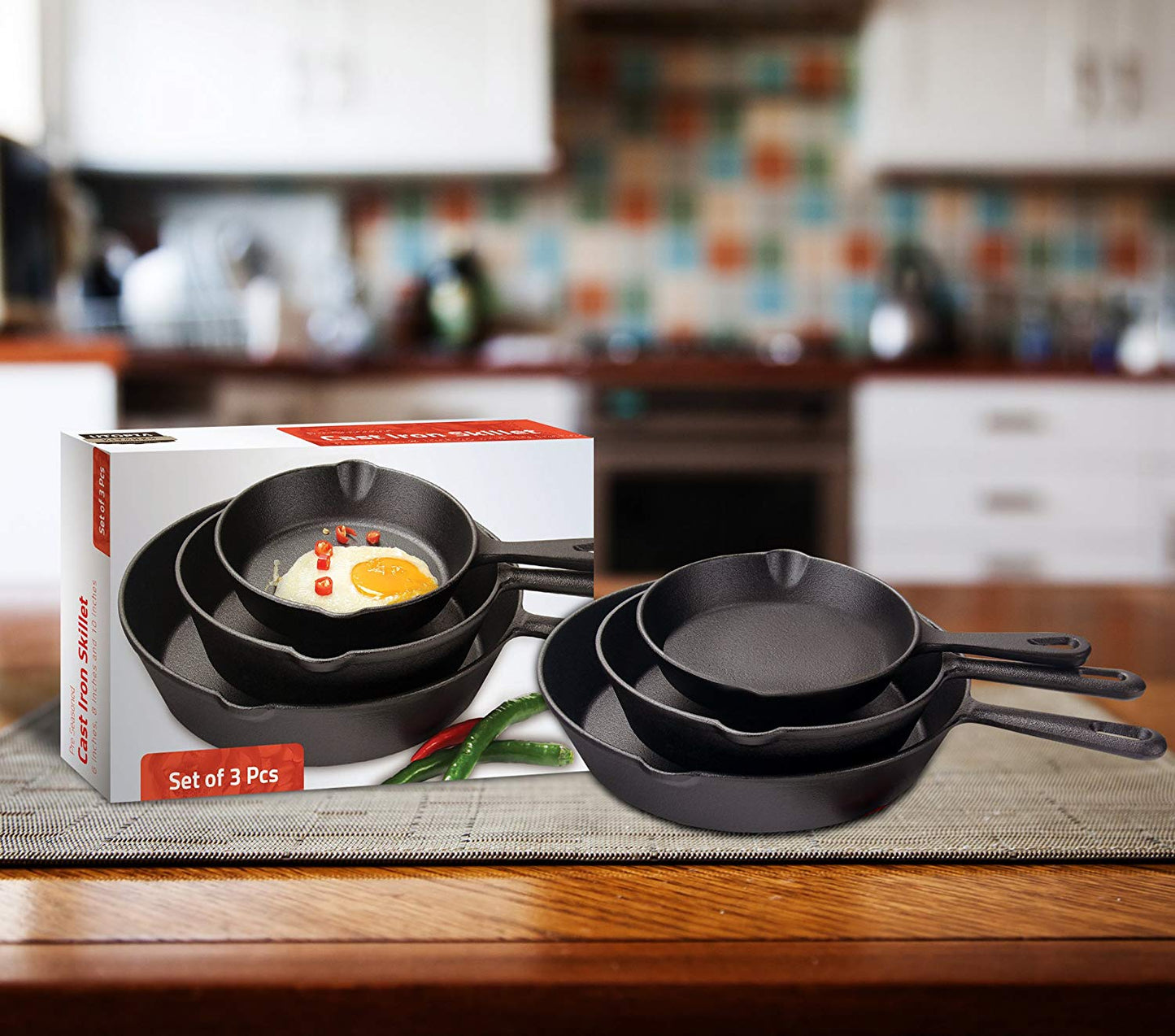 Pre-Seasoned Cast Iron Skillet Set - 3 Pcs