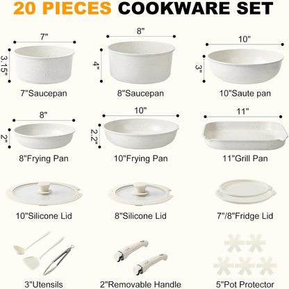 20-Pc Ceramic Nonstick Cookware Set, Detachable Handle, Stackable RV