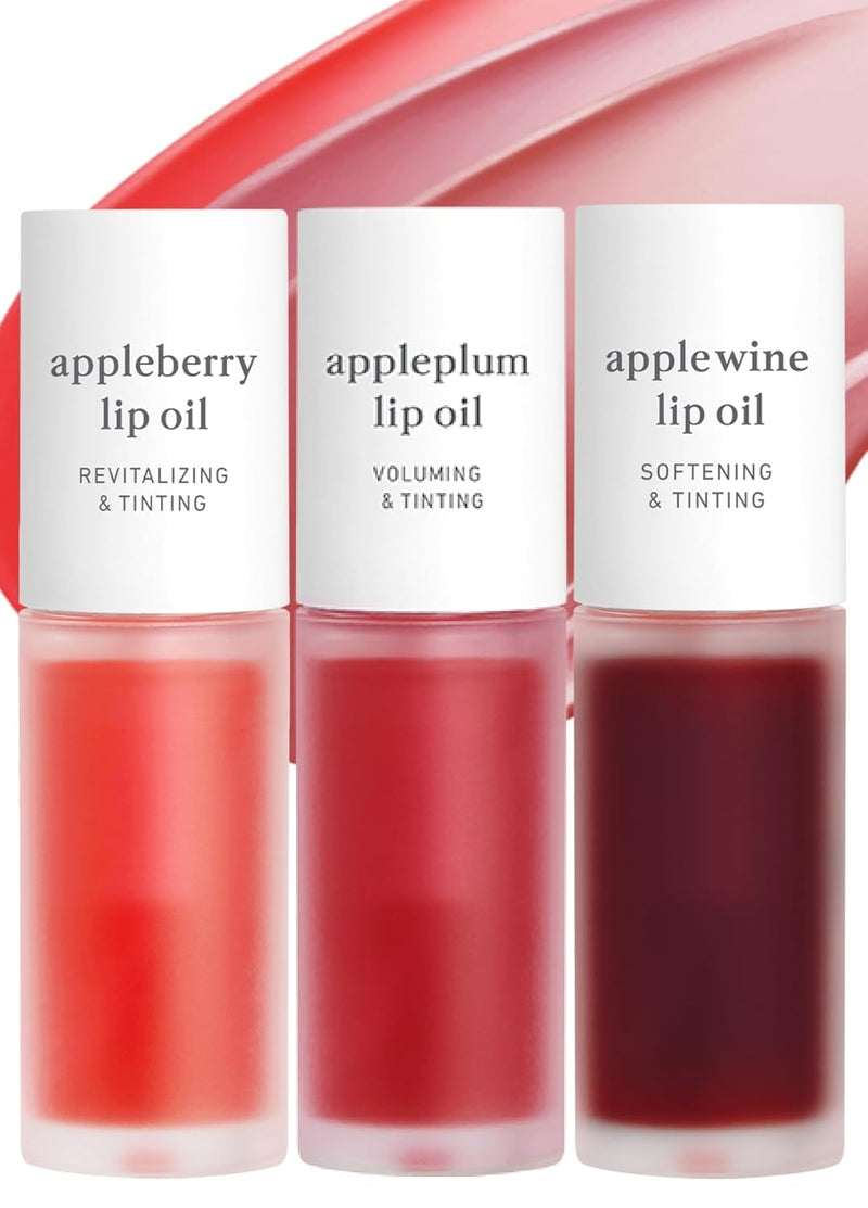 Korean Lip Oil Trio – Appleberry, Appleplum & Applewine, Sheer Tinted Gloss Set