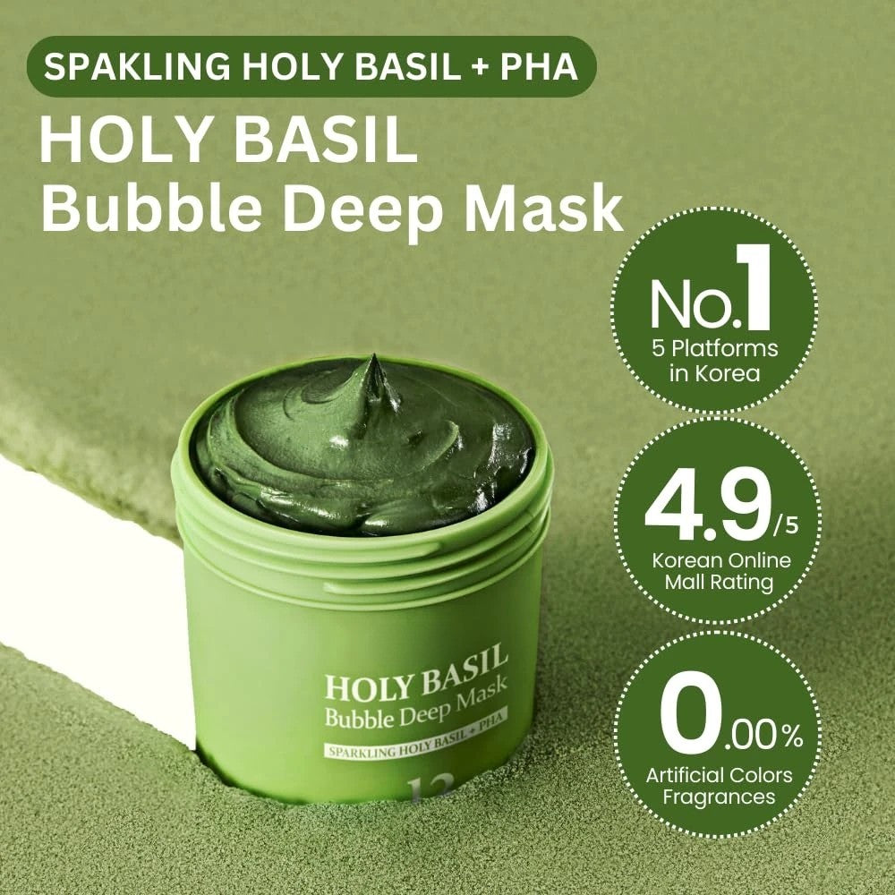 Mascarilla profunda Holy Basil Bubble con arcilla coreana y PHA para poros, puntos negros e imperfecciones