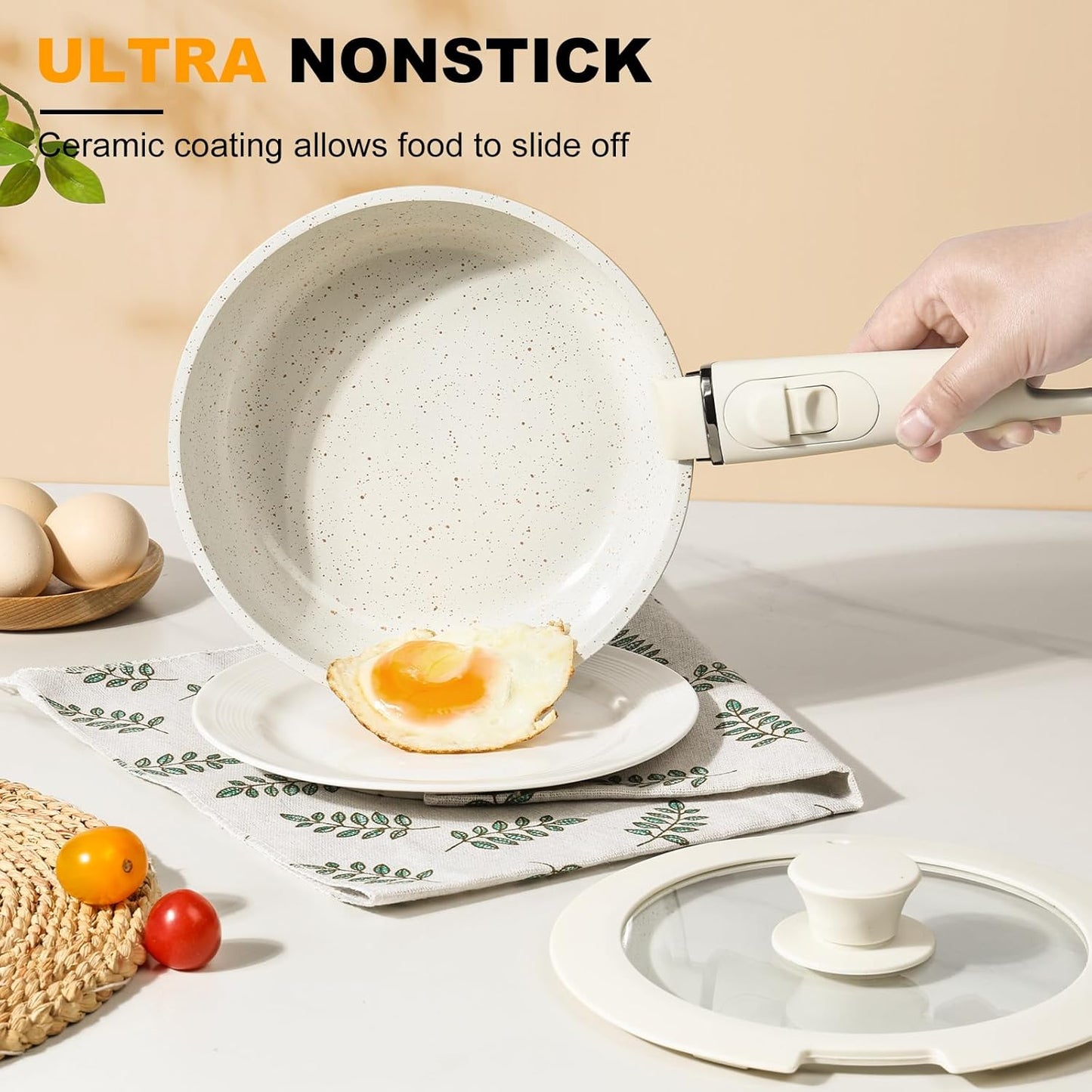 20-Pc Ceramic Nonstick Cookware Set, Detachable Handle, Stackable RV