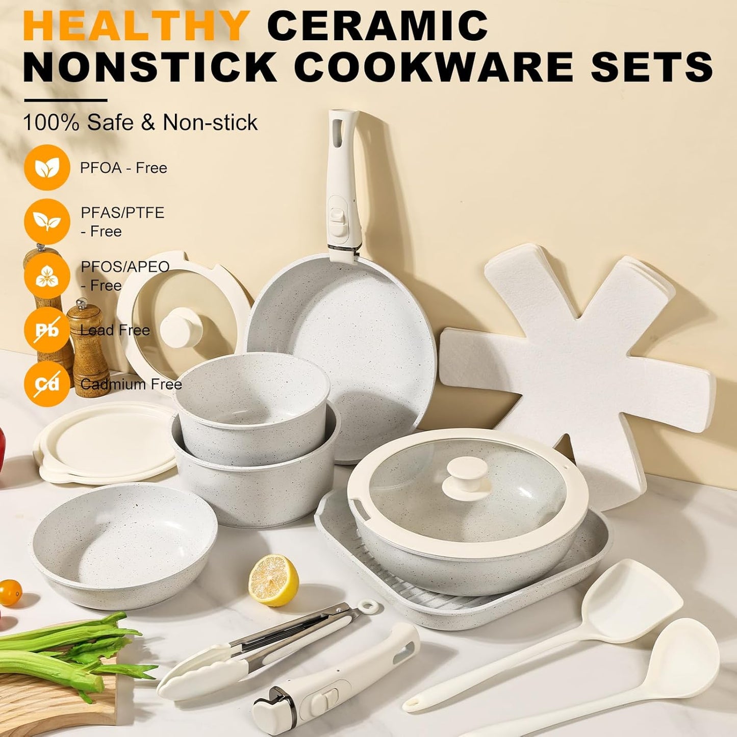 20-Pc Ceramic Nonstick Cookware Set, Detachable Handle, Stackable RV