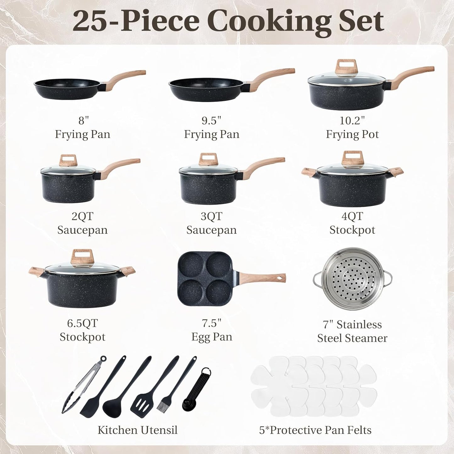 25 Pcs Nonstick Cookware Set, Induction, Non-Toxic, PFOA-Free