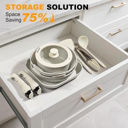 20-Pc Ceramic Nonstick Cookware Set, Detachable Handle, Stackable RV