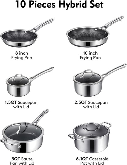 10 Pcs Hybrid Stainless Steel Nonstick Cookware Set, PFOA-Free