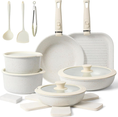 20-Pc Ceramic Nonstick Cookware Set, Detachable Handle, Stackable RV