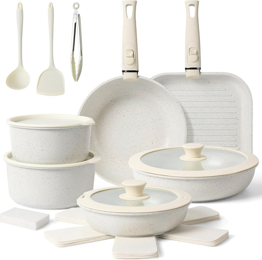 20-Pc Ceramic Nonstick Cookware Set, Detachable Handle, Stackable RV