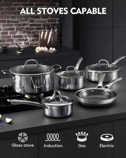 10 Pcs Hybrid Stainless Steel Nonstick Cookware Set, PFOA-Free