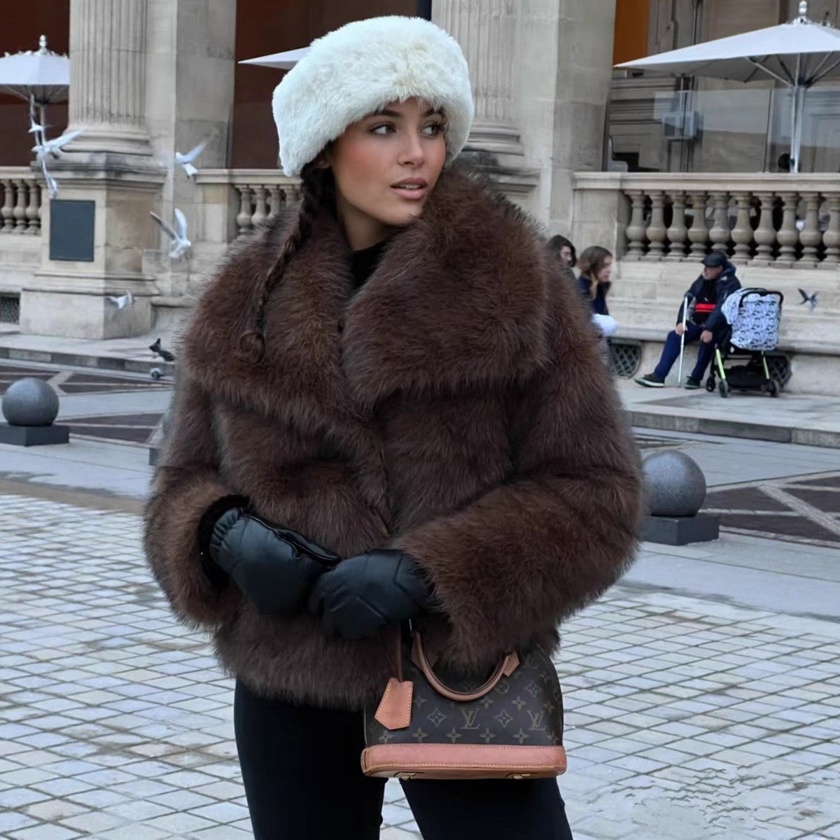Adaline | Women's Cropped Faux Fur Jacket - Shawl Collar