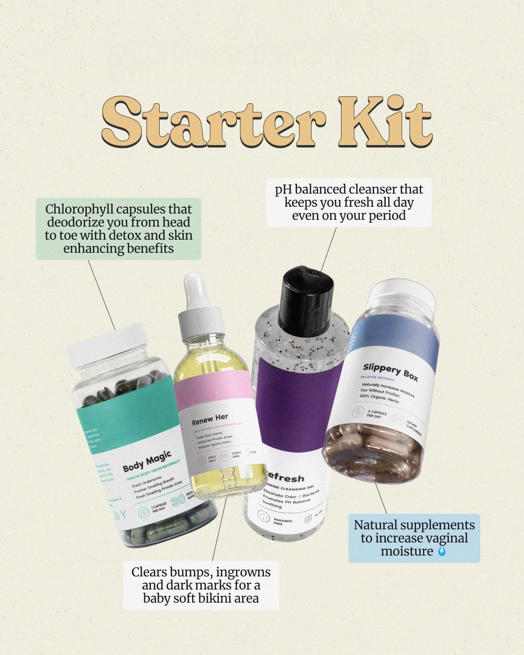 Kit de inicio Her Fantasy con lavado femenino, aceite para piel y suplementos de bienestar a base de plantas