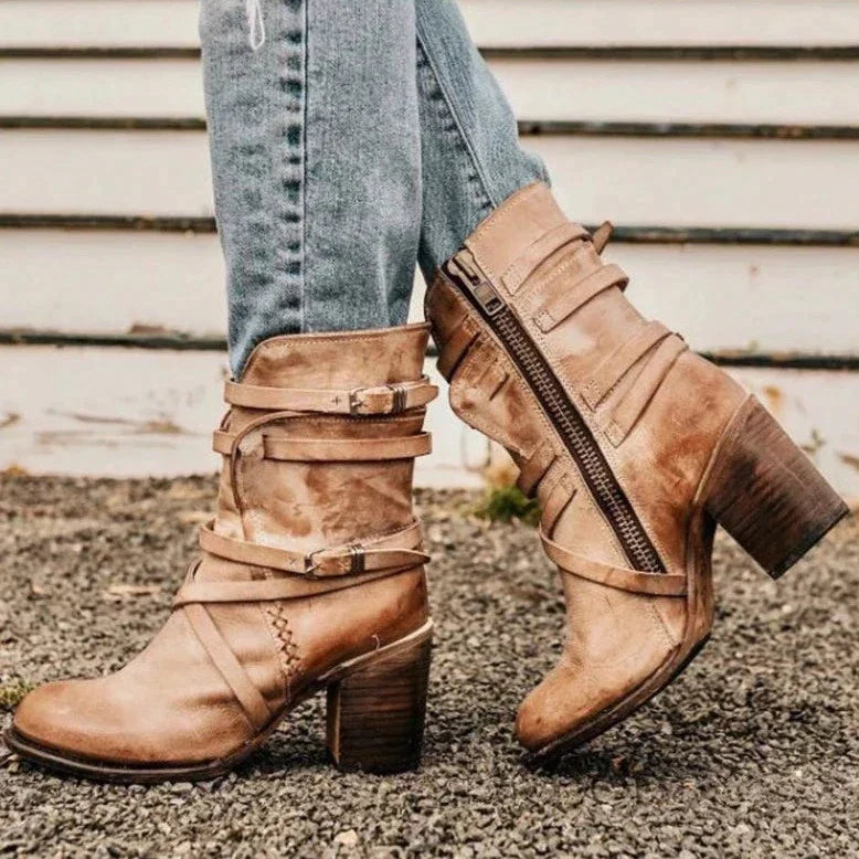Chloe | Women's Leather Winter Boots - Heeled Wraparound Strap