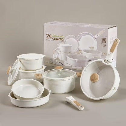 24-Pc Ceramic Nonstick Cookware Set with Detachable Handle