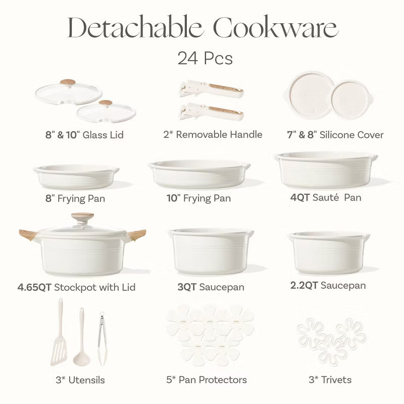 24-Pc Ceramic Nonstick Cookware Set with Detachable Handle