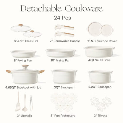 24-Pc Ceramic Nonstick Cookware Set with Detachable Handle
