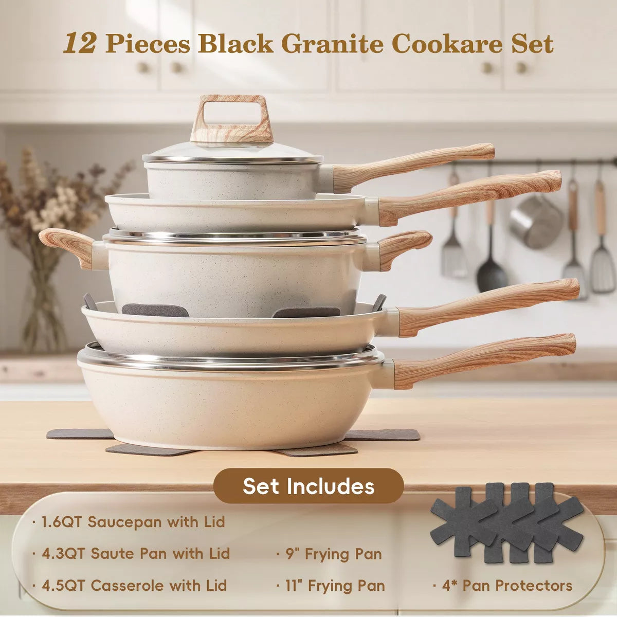 12 Pcs Non-Toxic Healthy Nonstick Cookware Set, White & Black