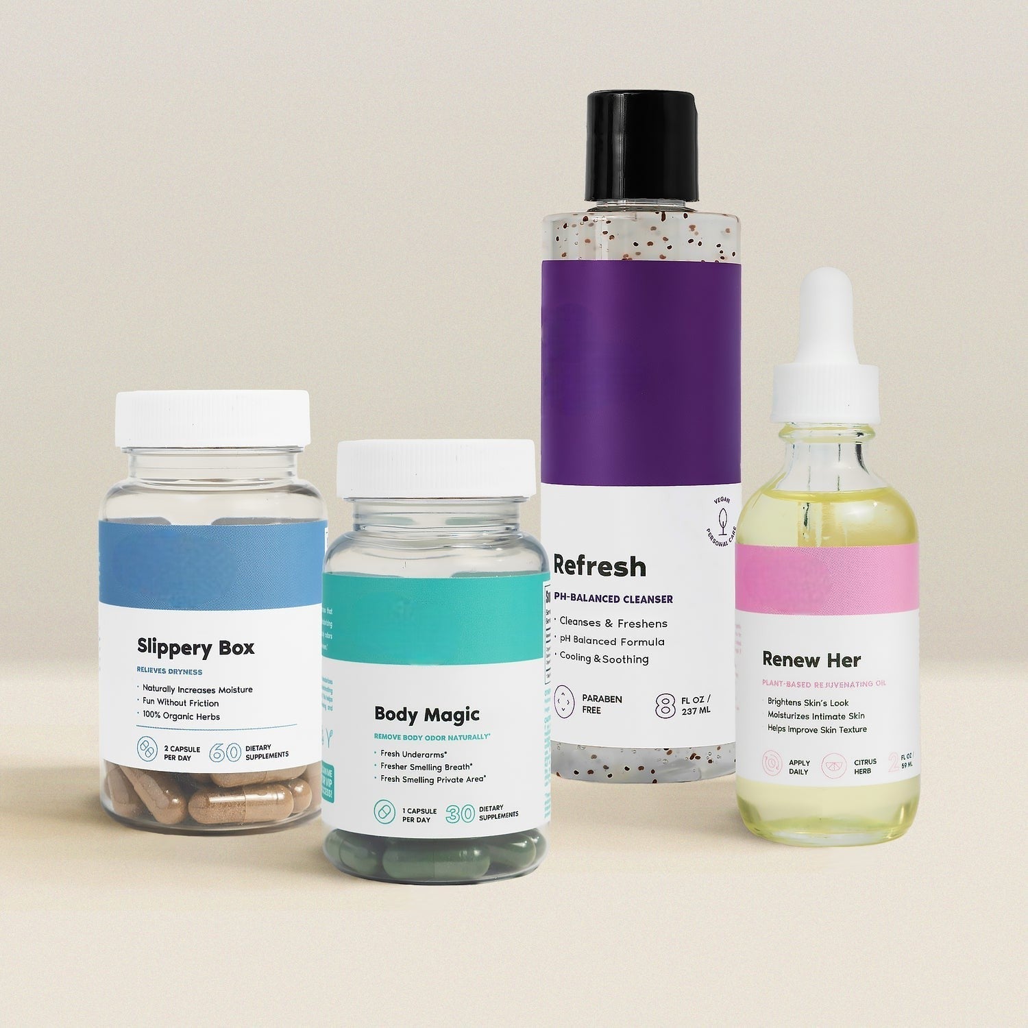 Kit de inicio Her Fantasy con lavado femenino, aceite para piel y suplementos de bienestar a base de plantas