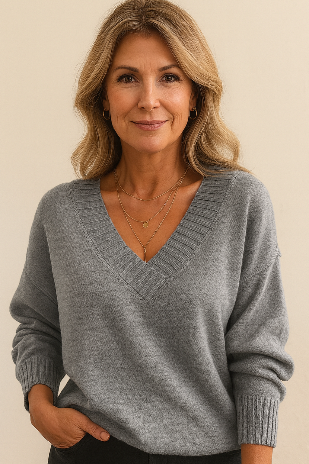 Lara | Flattering Oversized V Neck Sweater with Ribbed Trim