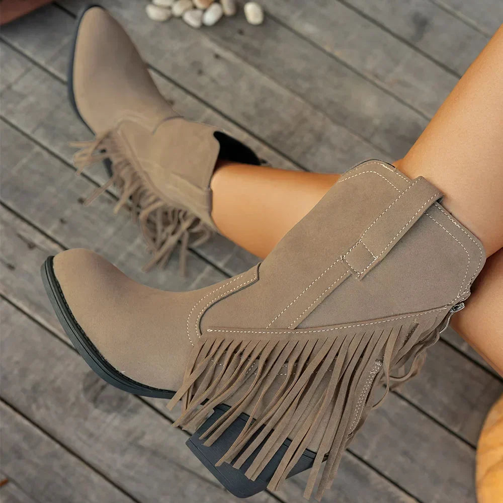 Lila | Women's Suede Western Cowboy Boots - Heeled Fringe Fold-Over Strap
