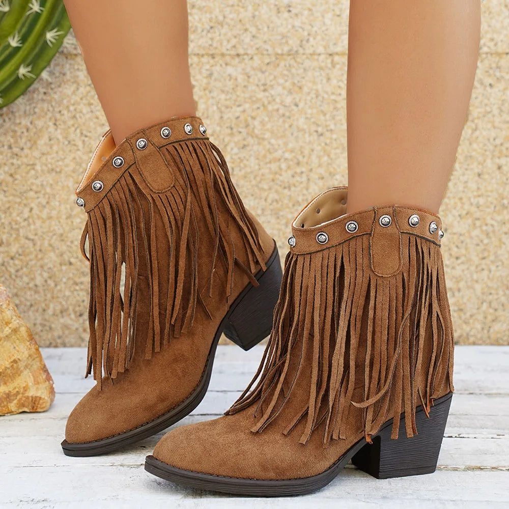 Lila | Women's Suede Western Cowboy Boots - Heeled Fringe Fold-Over Strap