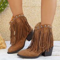 Lila | Women's Suede Western Cowboy Boots - Heeled Fringe Fold-Over Strap
