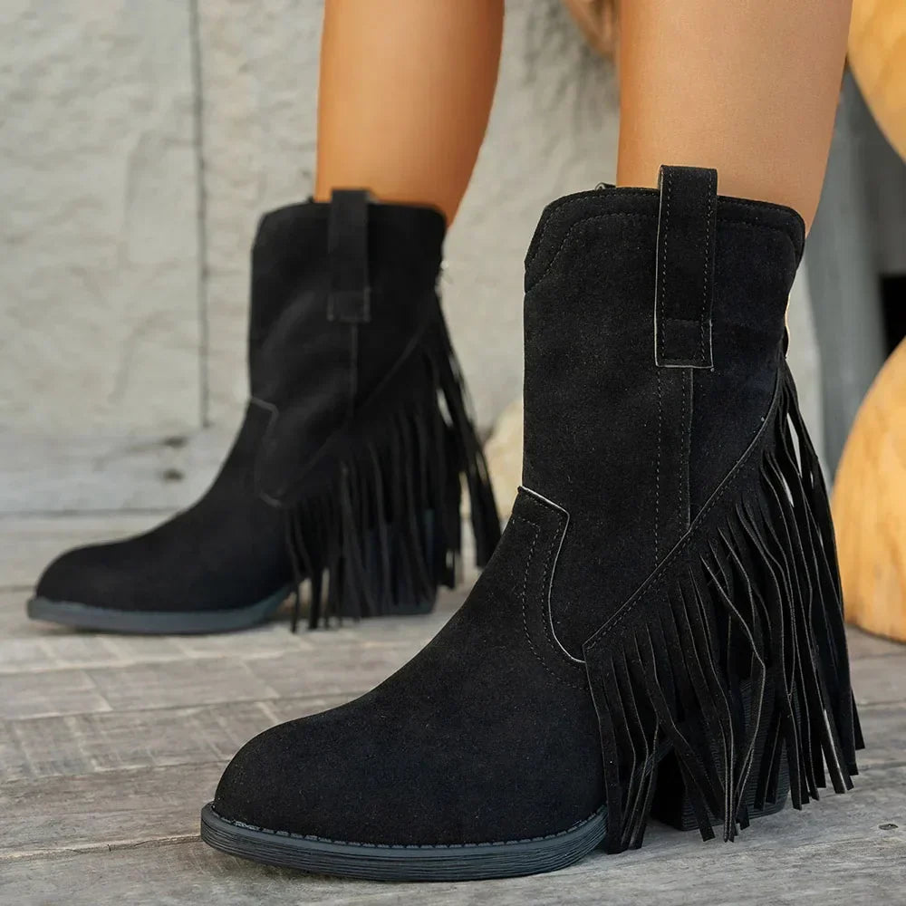 Lila | Women's Suede Western Cowboy Boots - Heeled Fringe Fold-Over Strap