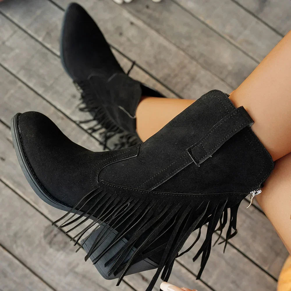 Lila | Women's Suede Western Cowboy Boots - Heeled Fringe Fold-Over Strap