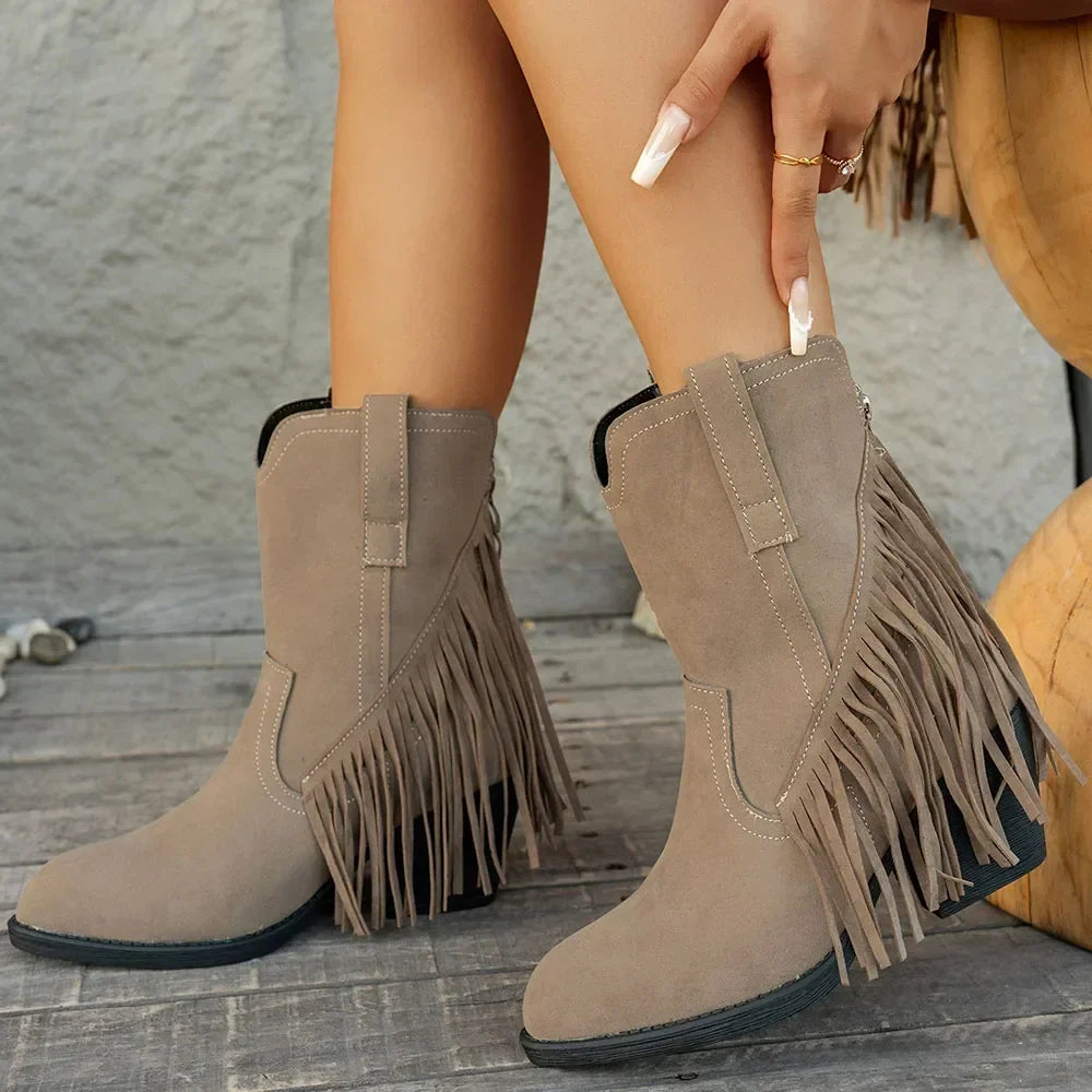 Lila | Women's Suede Western Cowboy Boots - Heeled Fringe Fold-Over Strap