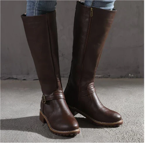Maeve | Women's Leather Winter Boots - Knee High Heeled Buckle Strap