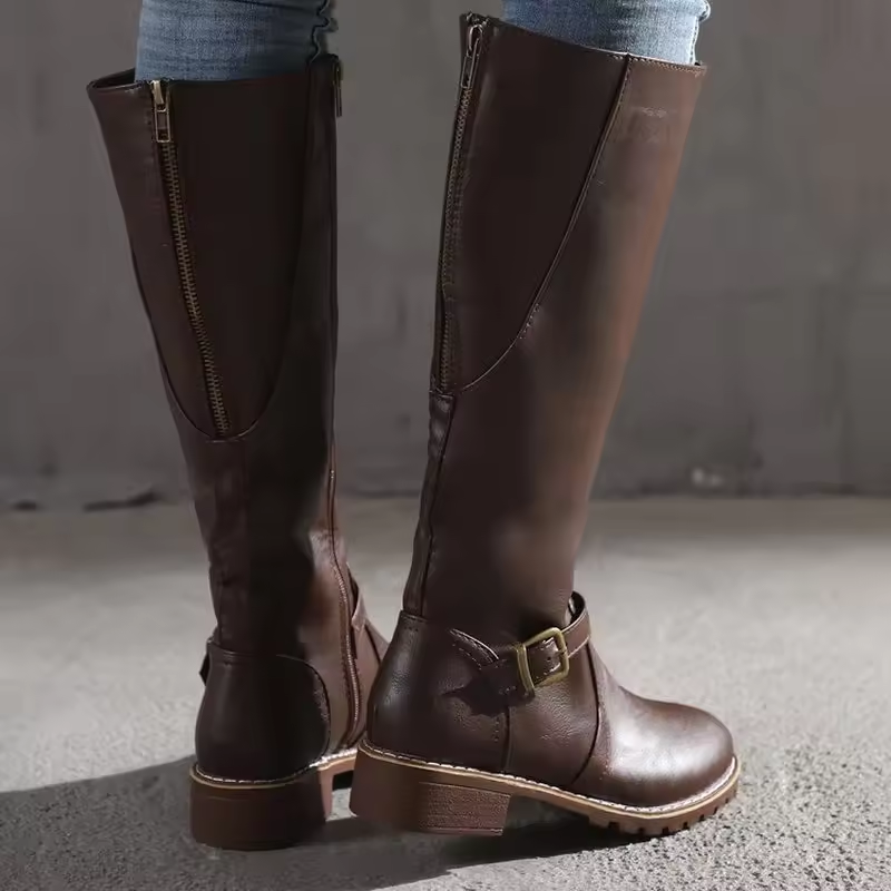 Maeve | Women's Leather Winter Boots - Knee High Heeled Buckle Strap