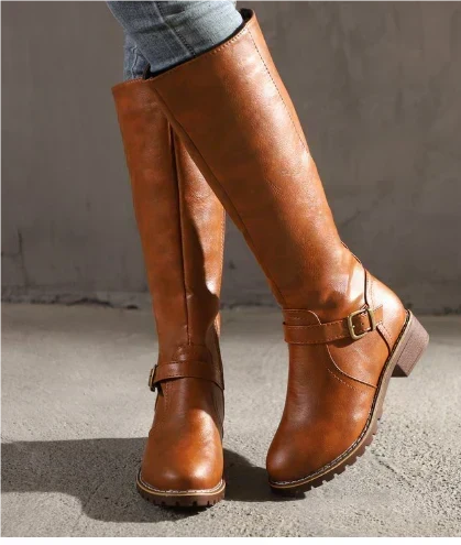 Maeve | Women's Leather Winter Boots - Knee High Heeled Buckle Strap