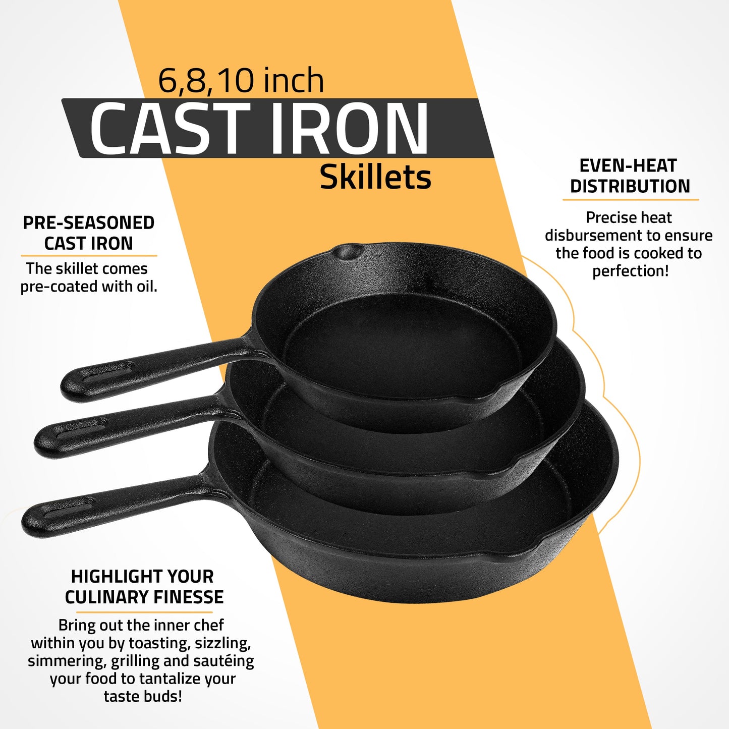 Pre-Seasoned Cast Iron Skillet Set - 3 Pcs