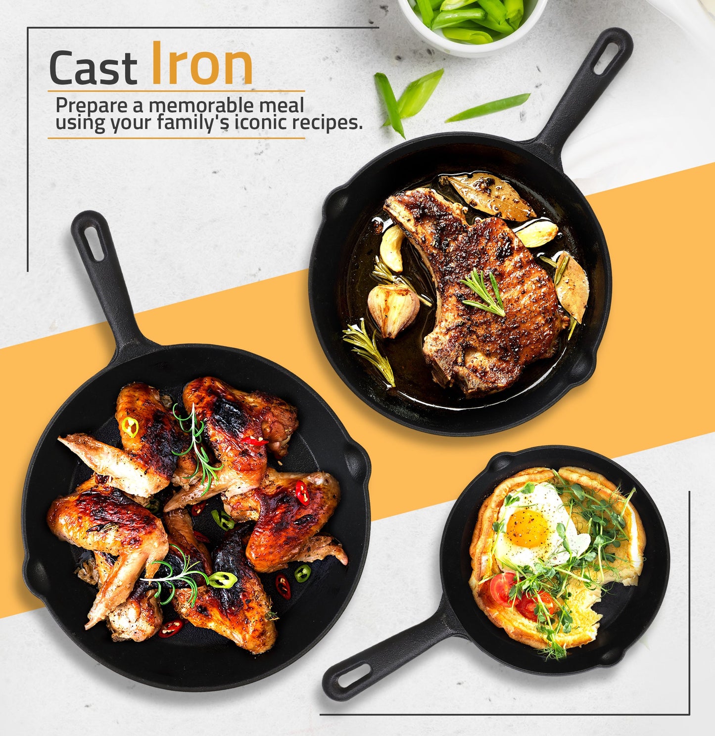 Pre-Seasoned Cast Iron Skillet Set - 3 Pcs
