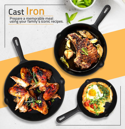 Pre-Seasoned Cast Iron Skillet Set - 3 Pcs