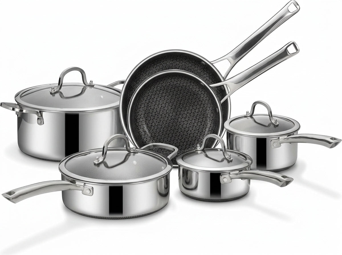 10 Pcs Hybrid Stainless Steel Nonstick Cookware Set, PFOA-Free
