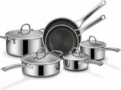 10 Pcs Hybrid Stainless Steel Nonstick Cookware Set, PFOA-Free