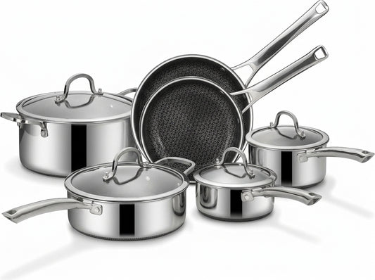10 Pcs Hybrid Stainless Steel Nonstick Cookware Set, PFOA-Free