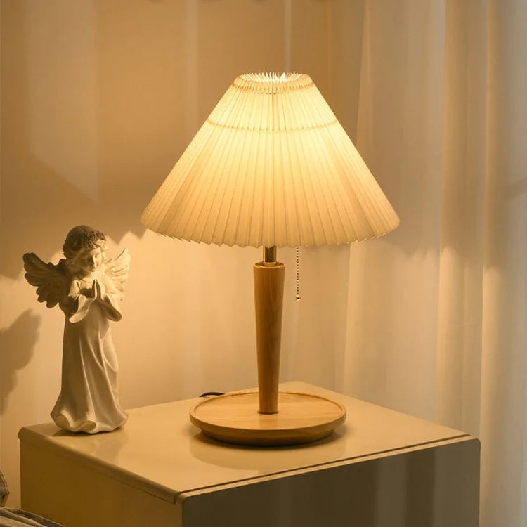 Vintage Pleated Wood Table Lamp | Elegant Bedroom Lighting