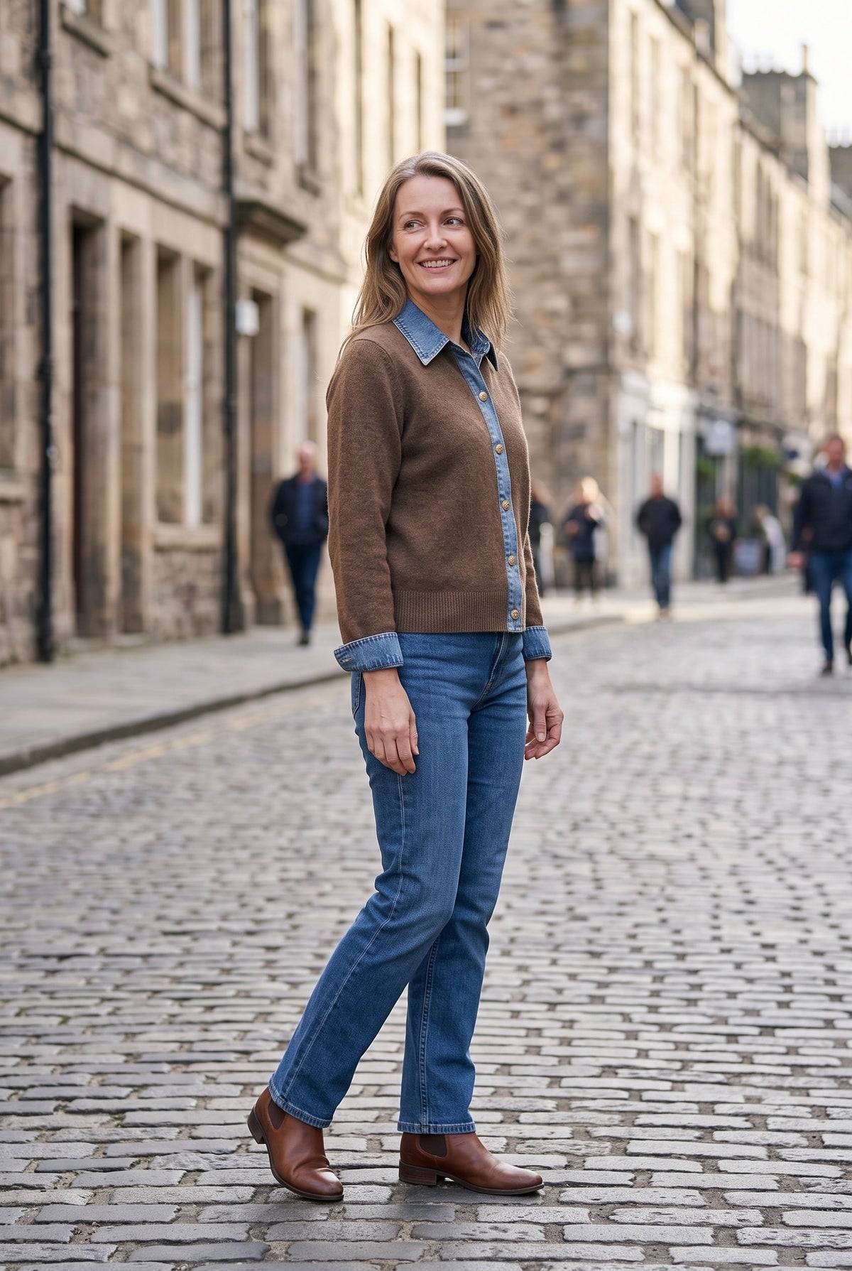 Women's Cardigan | Denim-Look Collar Button Front