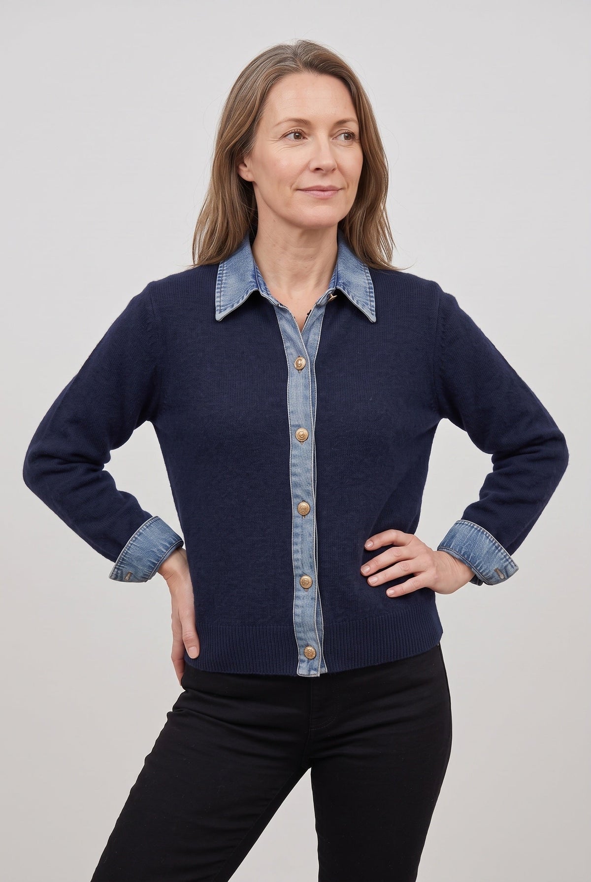Women's Cardigan | Denim-Look Collar Button Front