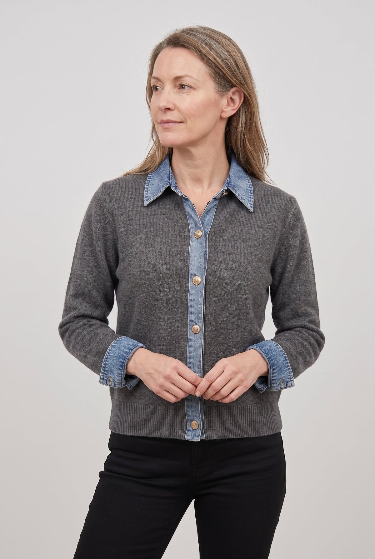 Women's Cardigan | Denim-Look Collar Button Front